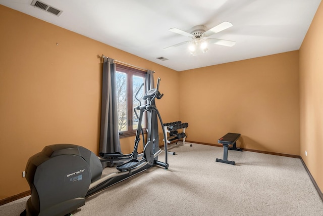 workout room featuring a ceiling fan, baseboards, visible vents, and carpet floors