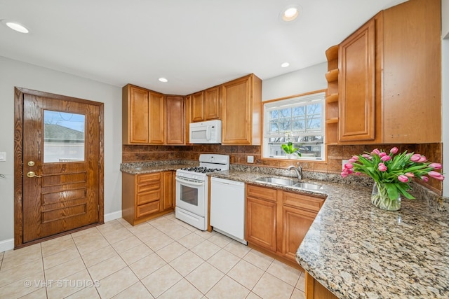 kitchen featuring a sink, decorative backsplash, recessed lighting, white appliances, and open shelves