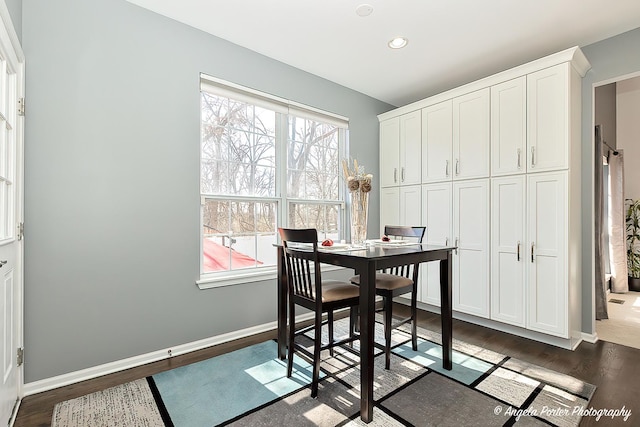 dining area featuring baseboards, plenty of natural light, and dark wood-type flooring