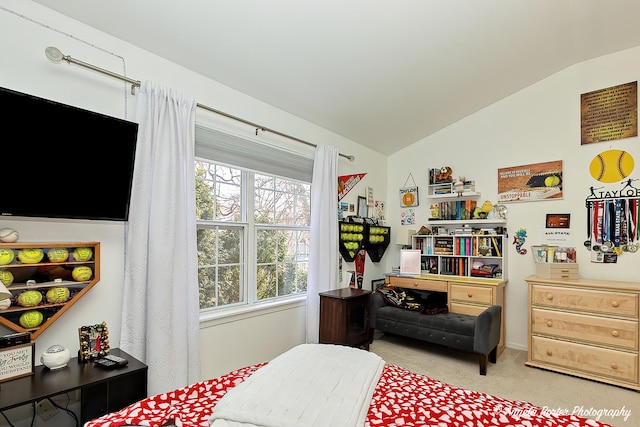 bedroom with lofted ceiling and light colored carpet