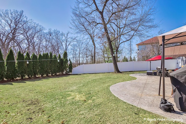 view of yard featuring a gazebo, a patio, and a fenced backyard