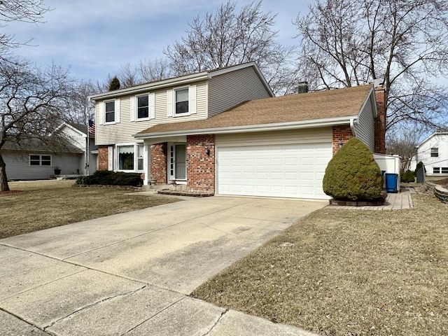 traditional-style house with a front lawn, concrete driveway, an attached garage, a shingled roof, and brick siding