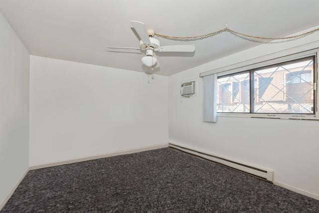 carpeted empty room featuring baseboards, baseboard heating, ceiling fan, and a wall unit AC