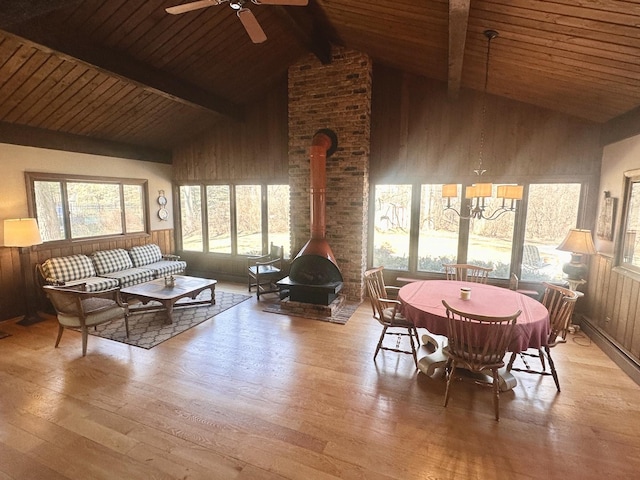 sunroom featuring wooden ceiling, vaulted ceiling with beams, a wood stove, and ceiling fan