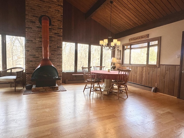 dining space with beam ceiling, wooden ceiling, a wood stove, and hardwood / wood-style flooring