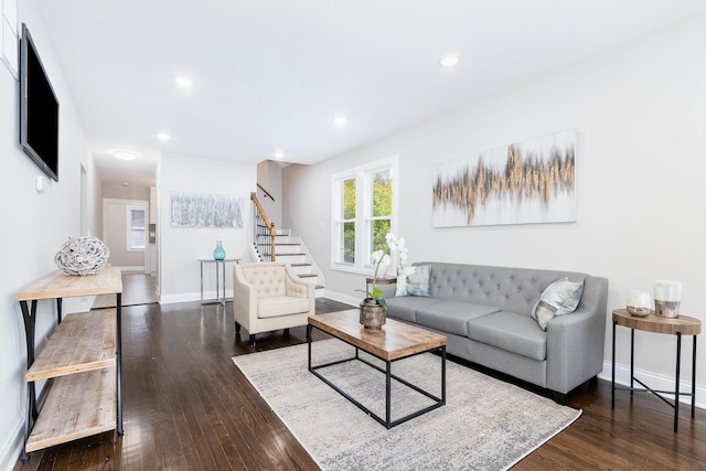 12533 S Lowe Ave, Chicago, IL 60628 - living room with dark wood finished floors, baseboards, stairway, and recessed lighting