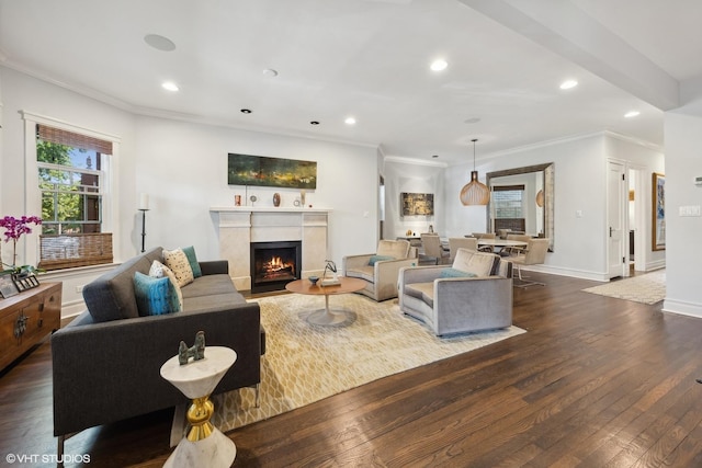 living area with dark wood-type flooring, recessed lighting, baseboards, and a premium fireplace