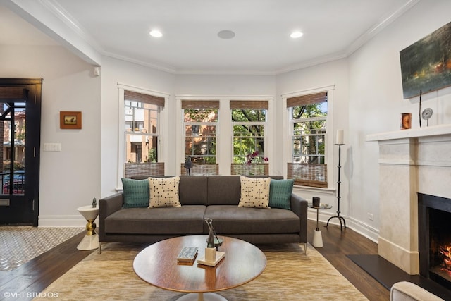 living room with a warm lit fireplace, wood finished floors, recessed lighting, crown molding, and baseboards