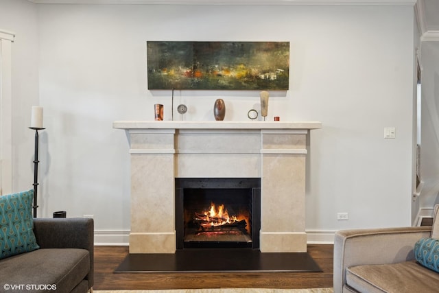 living area featuring dark wood-type flooring, baseboards, and a lit fireplace