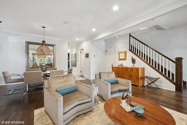 living room featuring recessed lighting, stairway, baseboards, and wood finished floors