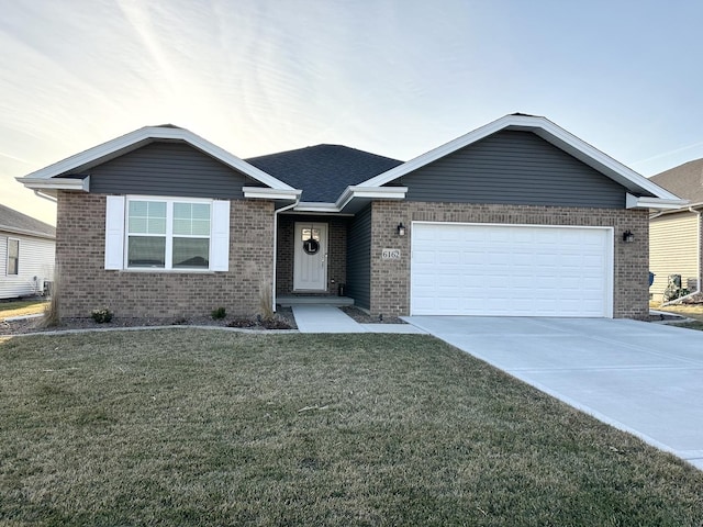 ranch-style home featuring driveway, roof with shingles, a front lawn, a garage, and brick siding