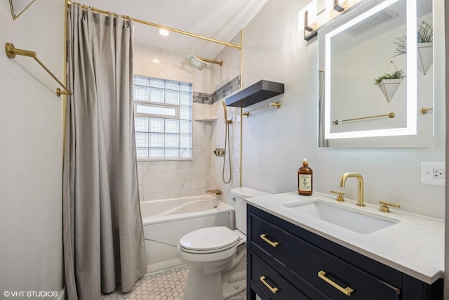 bathroom with vanity, visible vents, shower / tub combo, tile patterned floors, and toilet