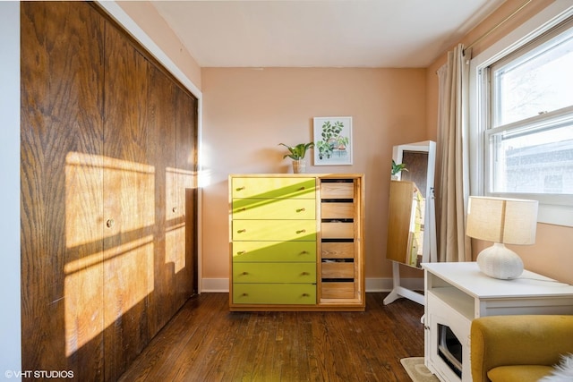 interior space with baseboards and dark wood-style flooring