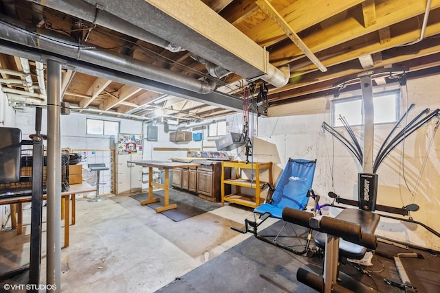 basement with a workshop area and plenty of natural light