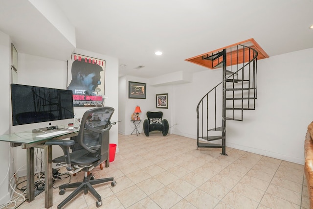 office area with recessed lighting and baseboards