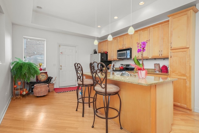 kitchen with stove, stainless steel microwave, freestanding refrigerator, and a tray ceiling