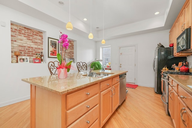 kitchen featuring light stone countertops, light wood-type flooring, stainless steel appliances, a raised ceiling, and a sink