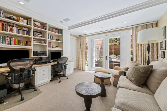 219 E Lake Shore Dr Unit 2Abc, Chicago, IL 60611 - office featuring french doors, light carpet, built in desk, ornamental molding, and recessed lighting