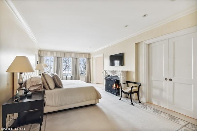 219 E Lake Shore Dr Unit 2Abc, Chicago, IL 60611 - bedroom with ornamental molding, a high end fireplace, and carpet flooring