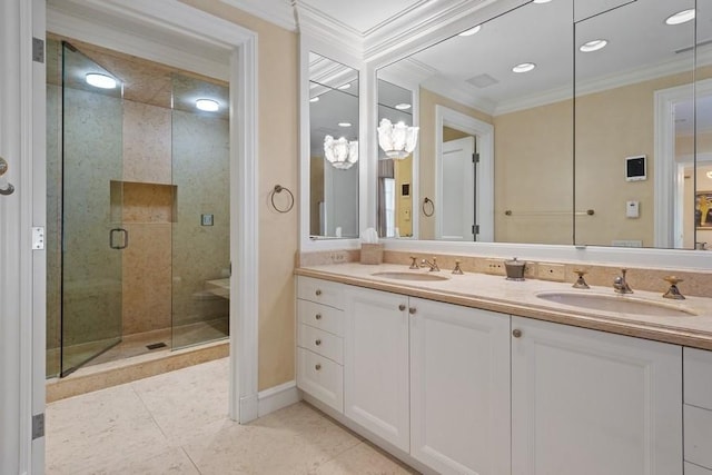 219 E Lake Shore Dr Unit 2Abc, Chicago, IL 60611 - bathroom with double vanity, crown molding, a stall shower, tile patterned flooring, and baseboards