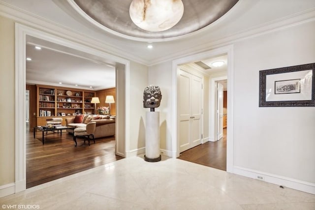 219 E Lake Shore Dr Unit 2Abc, Chicago, IL 60611 - hall featuring crown molding, baseboards, built in features, and recessed lighting