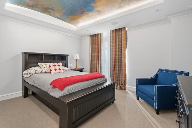 219 E Lake Shore Dr Unit 2Abc, Chicago, IL 60611 - bedroom featuring a raised ceiling, light colored carpet, ornamental molding, and baseboards