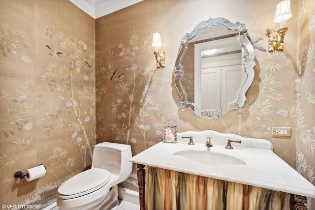 219 E Lake Shore Dr Unit 2Abc, Chicago, IL 60611 - half bath with vanity, toilet, wallpapered walls, and crown molding
