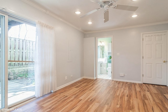 empty room featuring recessed lighting, baseboards, light wood-style floors, and ornamental molding