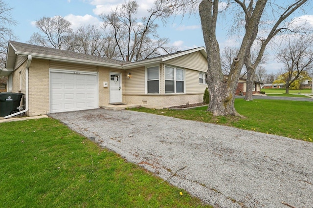 ranch-style house featuring driveway, brick siding, a front yard, and a garage