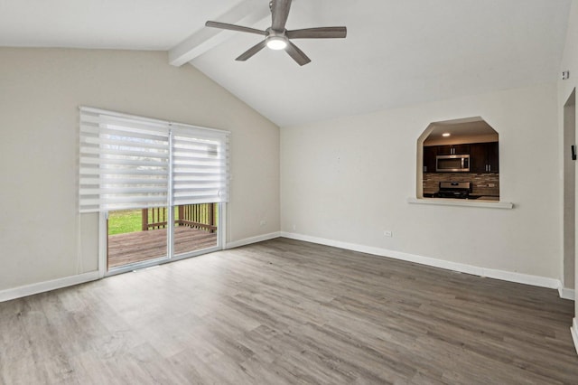 unfurnished living room featuring wood finished floors, baseboards, and ceiling fan