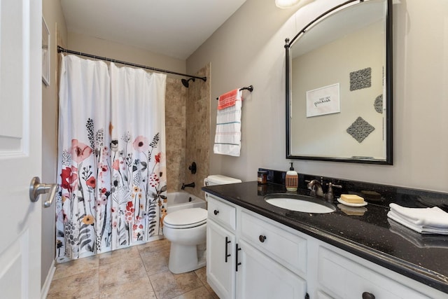 bathroom featuring tile patterned floors, toilet, vanity, and shower / tub combo with curtain