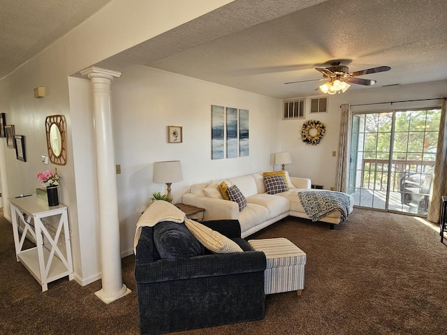 carpeted living area featuring decorative columns, a textured ceiling, visible vents, and a ceiling fan