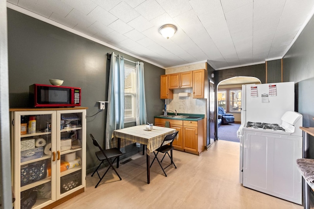 kitchen with light wood finished floors, ornamental molding, arched walkways, white appliances, and a sink