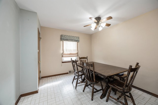 dining area featuring a ceiling fan and baseboards