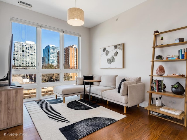 living room with visible vents, a city view, and wood finished floors