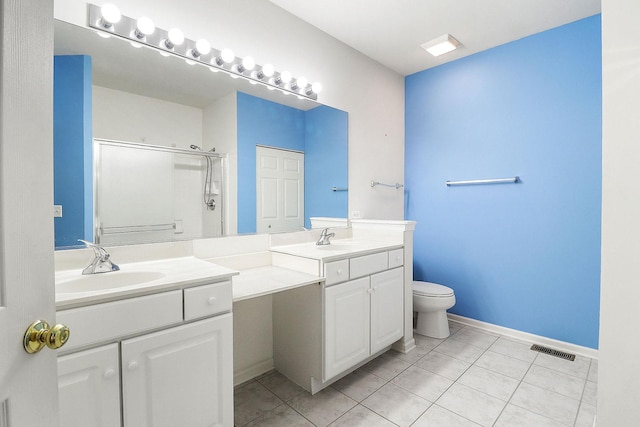 full bath with vanity, visible vents, a stall shower, tile patterned flooring, and toilet