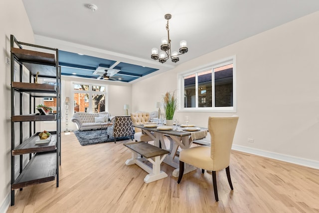 dining area featuring light wood finished floors, ceiling fan with notable chandelier, coffered ceiling, and baseboards