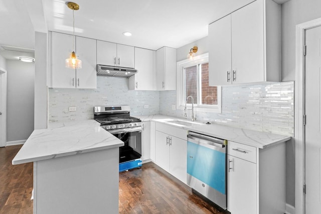 kitchen with under cabinet range hood, a sink, dark wood-style floors, dishwasher, and stainless steel range with gas stovetop