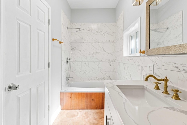 full bathroom with bathtub / shower combination, vanity, and tile patterned flooring