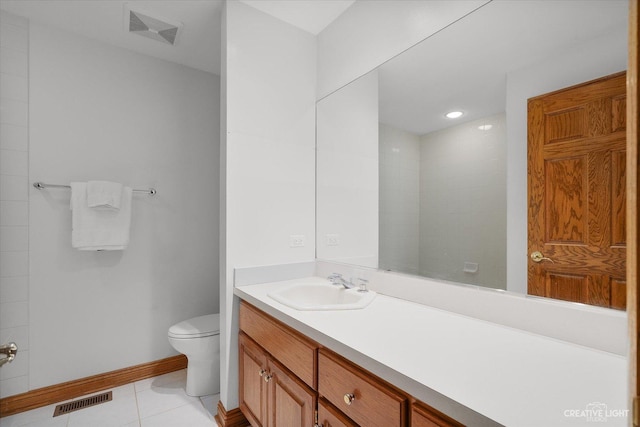 full bath with tile patterned floors, visible vents, toilet, and vanity