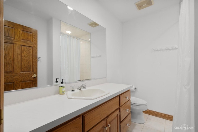 full bathroom with visible vents, baseboards, toilet, tile patterned floors, and vanity