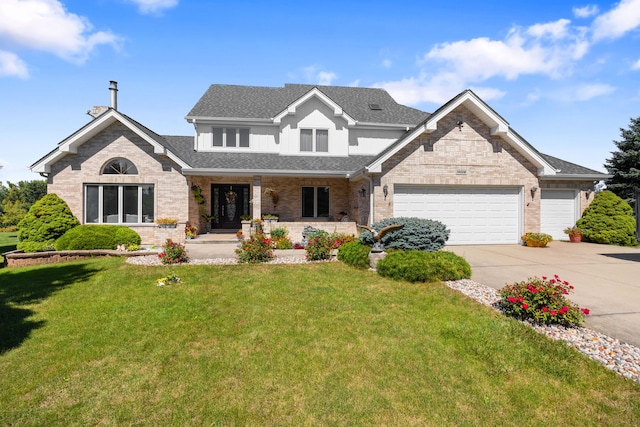 traditional-style house featuring brick siding, concrete driveway, a front lawn, and a shingled roof