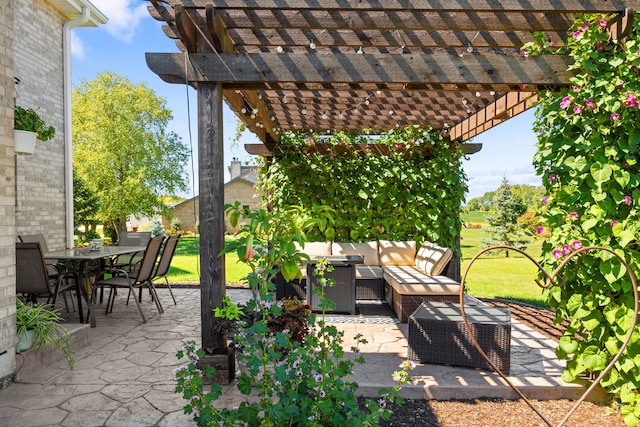 view of patio with an outdoor hangout area, a pergola, and outdoor dining area