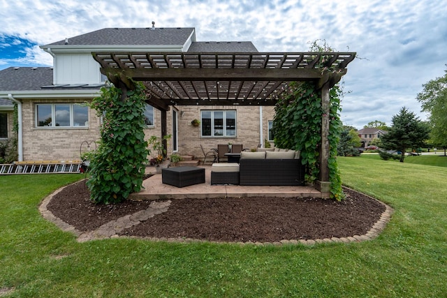 rear view of property featuring a lawn, an outdoor hangout area, a pergola, and a patio