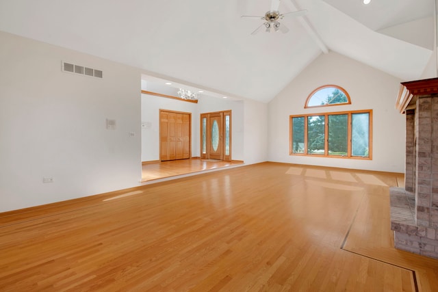 unfurnished living room with visible vents, beam ceiling, high vaulted ceiling, light wood-style floors, and ceiling fan