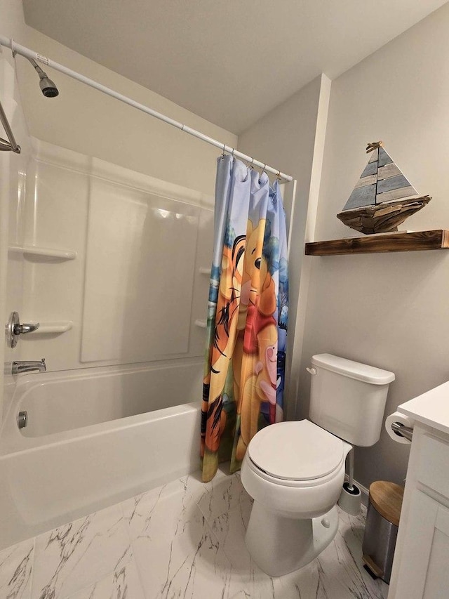 full bathroom featuring shower / bath combination with curtain, marble finish floor, vanity, and toilet