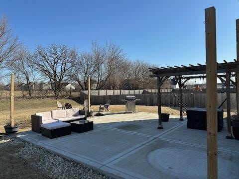 view of patio with a fenced backyard, outdoor lounge area, and a pergola