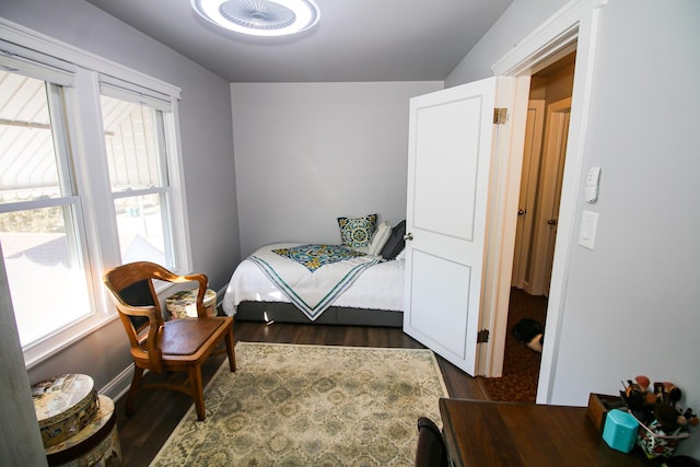 bedroom with dark wood-style floors and multiple windows