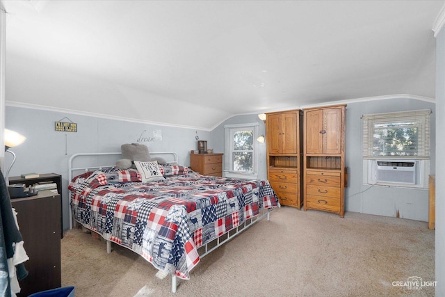 bedroom with cooling unit, light carpet, ornamental molding, and vaulted ceiling