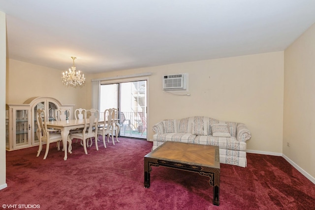 carpeted living area with an AC wall unit, a notable chandelier, and baseboards